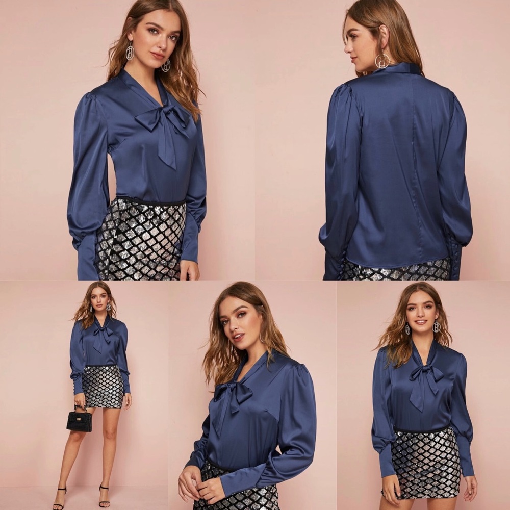 TIE NECK GIGOT SLEEVE SATIN TOP